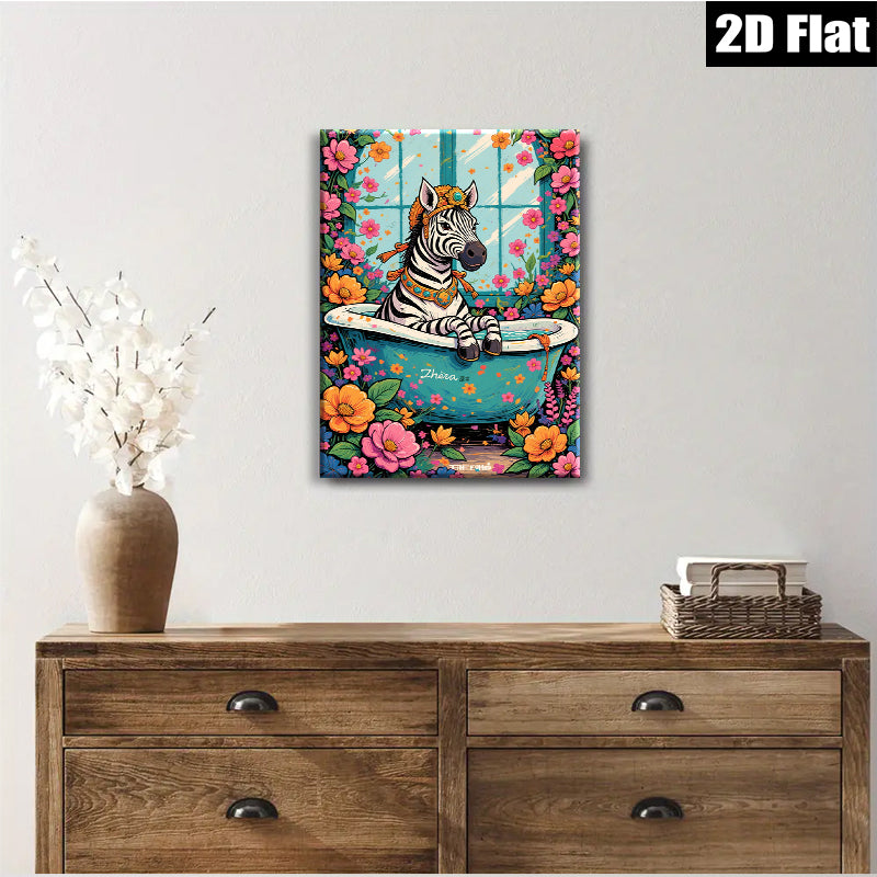 2D flat 1pc Whimsical Zebra Bathroom Art Vivid Floral Wall Decor Living Room Bedroom Home Office Gallery Wrapped Canvas Prints Ready To Hang Modern Farmhouse Style