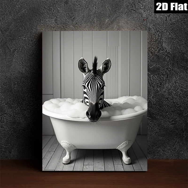 2D flat 1pc Whimsical Zebra Bubble Bath Farmhouse Wall Art Modern Bathroom Decor Gallery Wrapped Canvas Print Ready to Hang Bedroom Living Room