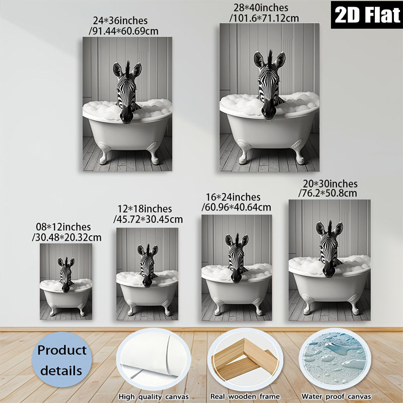 2D flat 1pc Whimsical Zebra Bubble Bath Farmhouse Wall Art Modern Bathroom Decor Gallery Wrapped Canvas Print Ready to Hang Bedroom Living Room