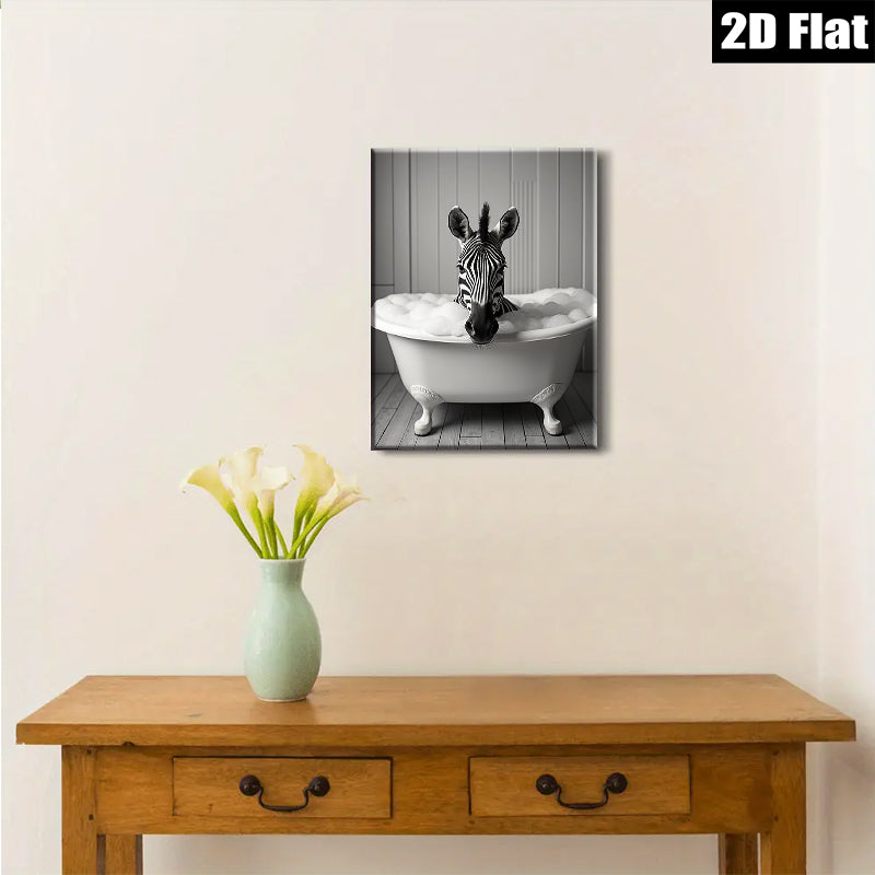 2D flat 1pc Whimsical Zebra Bubble Bath Farmhouse Wall Art Modern Bathroom Decor Gallery Wrapped Canvas Print Ready to Hang Bedroom Living Room