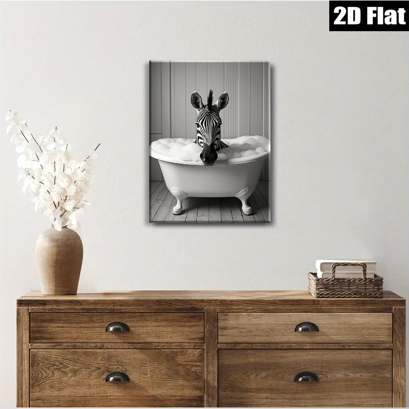 2D flat 1pc Whimsical Zebra Bubble Bath Farmhouse Wall Art Modern Bathroom Decor Gallery Wrapped Canvas Print Ready to Hang Bedroom Living Room