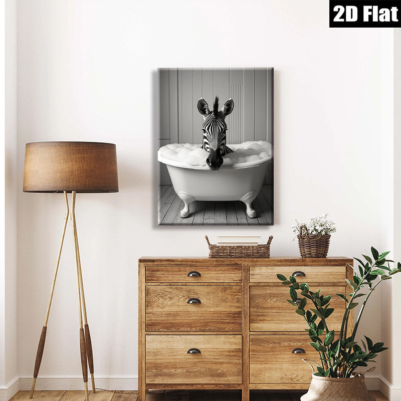 2D flat 1pc Whimsical Zebra Bubble Bath Farmhouse Wall Art Modern Bathroom Decor Gallery Wrapped Canvas Print Ready to Hang Bedroom Living Room