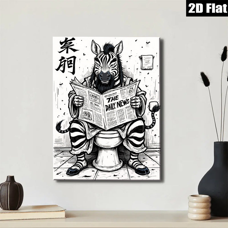 2D flat 1pc Whimsical Zebra Reads Newspaper Wall Art Decor Living Room Bedroom Home Office Modern Farmhouse Aesthetic Gallery Wrapped Canvas Prints Stylish Accent Piece