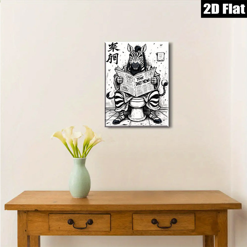 2D flat 1pc Whimsical Zebra Reads Newspaper Wall Art Decor Living Room Bedroom Home Office Modern Farmhouse Aesthetic Gallery Wrapped Canvas Prints Stylish Accent Piece