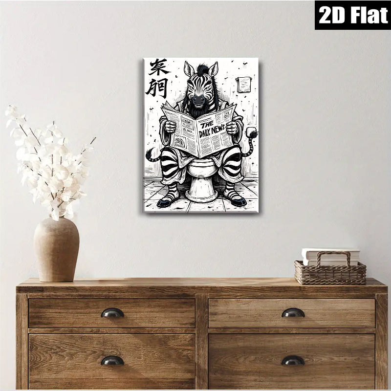 2D flat 1pc Whimsical Zebra Reads Newspaper Wall Art Decor Living Room Bedroom Home Office Modern Farmhouse Aesthetic Gallery Wrapped Canvas Prints Stylish Accent Piece
