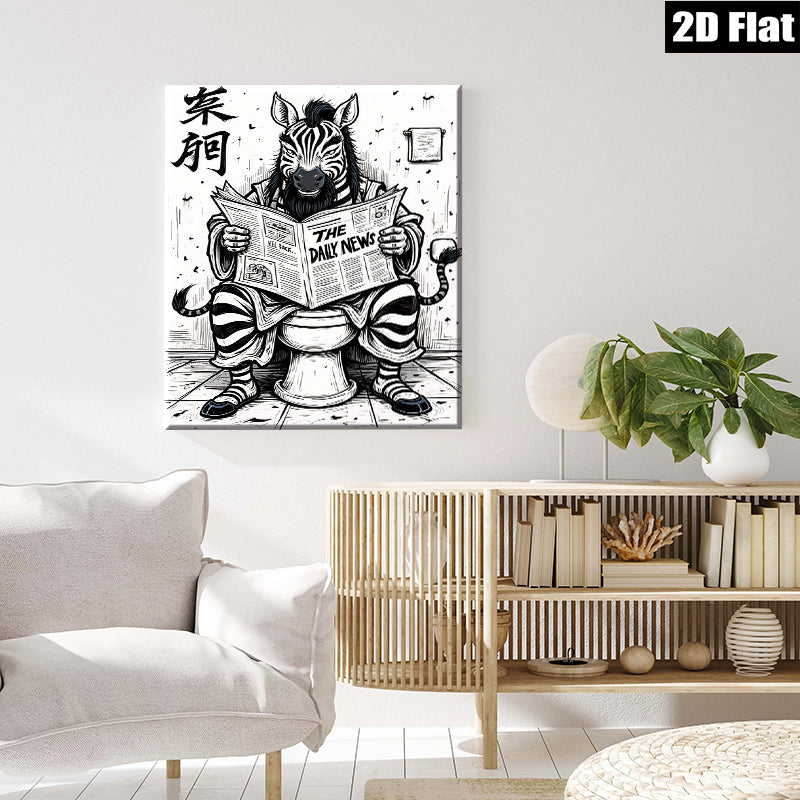 2D flat 1pc Whimsical Zebra Reads Newspaper Wall Art Decor Living Room Bedroom Home Office Modern Farmhouse Aesthetic Gallery Wrapped Canvas Prints Stylish Accent Piece