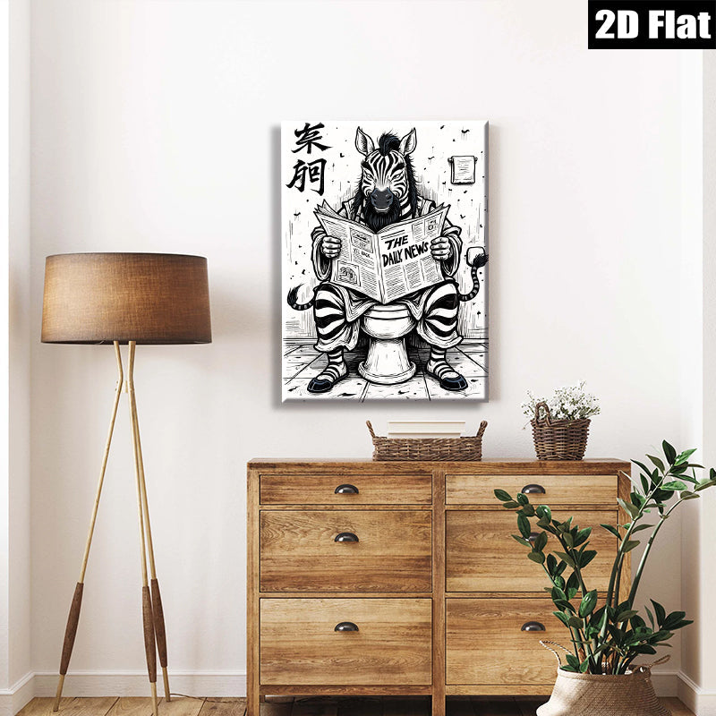 2D flat 1pc Whimsical Zebra Reads Newspaper Wall Art Decor Living Room Bedroom Home Office Modern Farmhouse Aesthetic Gallery Wrapped Canvas Prints Stylish Accent Piece