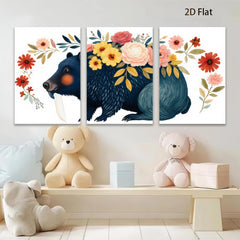 2D flat 1pc Whimsical black bear floral portrait wall art bedroom living room decor farmhouse style cozy vibes modern gallery wrapped canvas