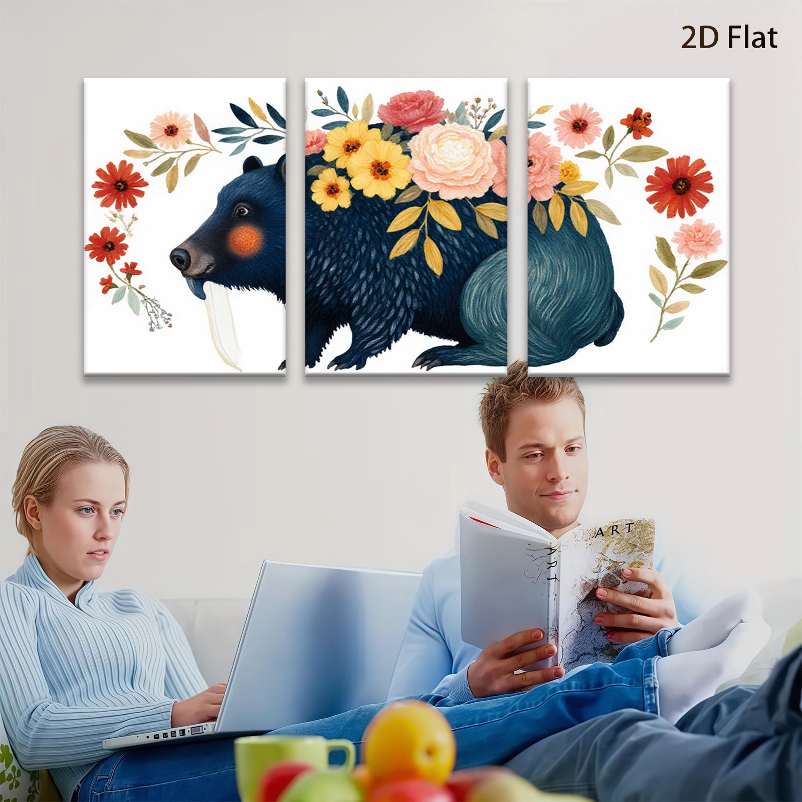 2D flat 1pc Whimsical black bear floral portrait wall art bedroom living room decor farmhouse style cozy vibes modern gallery wrapped canvas