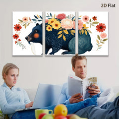 2D flat 1pc Whimsical black bear floral portrait wall art bedroom living room decor farmhouse style cozy vibes modern gallery wrapped canvas