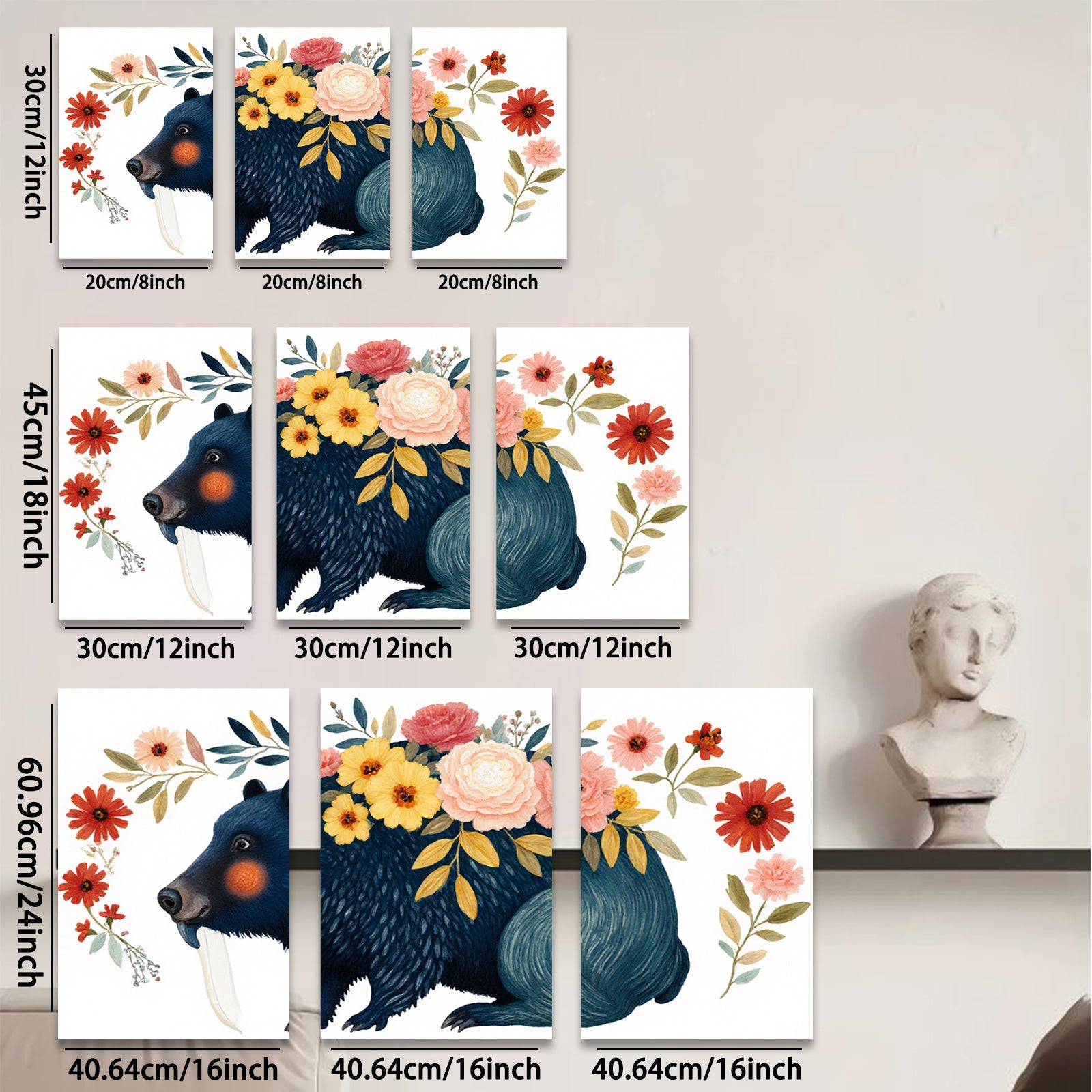 2D flat 1pc Whimsical black bear floral portrait wall art bedroom living room decor farmhouse style cozy vibes modern gallery wrapped canvas