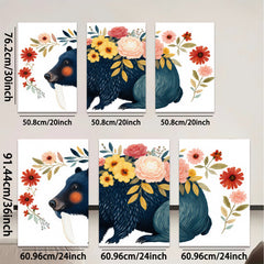 2D flat 1pc Whimsical black bear floral portrait wall art bedroom living room decor farmhouse style cozy vibes modern gallery wrapped canvas