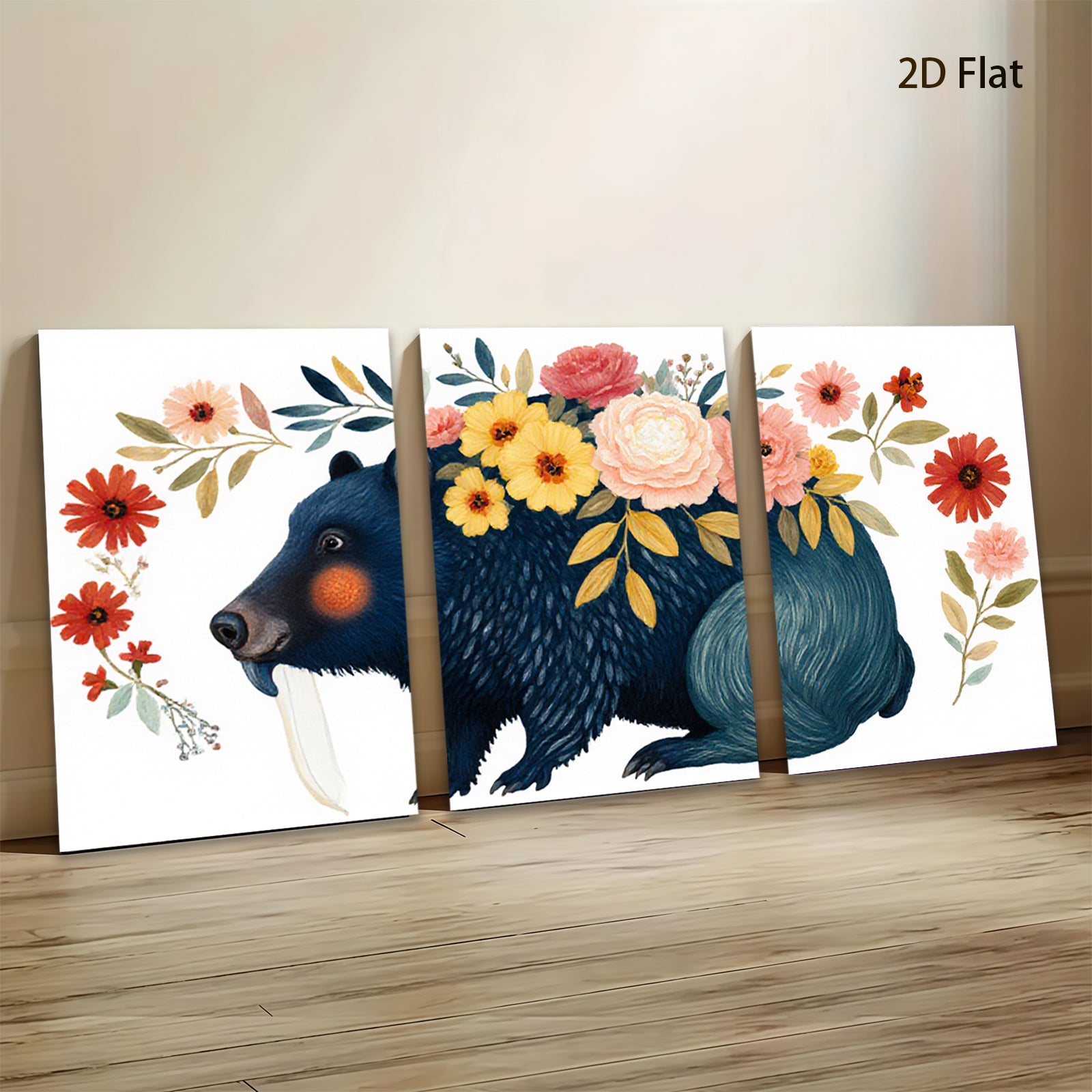 2D flat 1pc Whimsical black bear floral portrait wall art bedroom living room decor farmhouse style cozy vibes modern gallery wrapped canvas