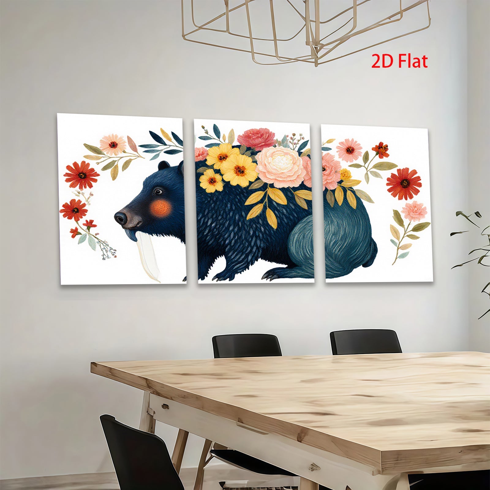 2D flat 1pc Whimsical black bear floral portrait wall art bedroom living room decor farmhouse style cozy vibes modern gallery wrapped canvas