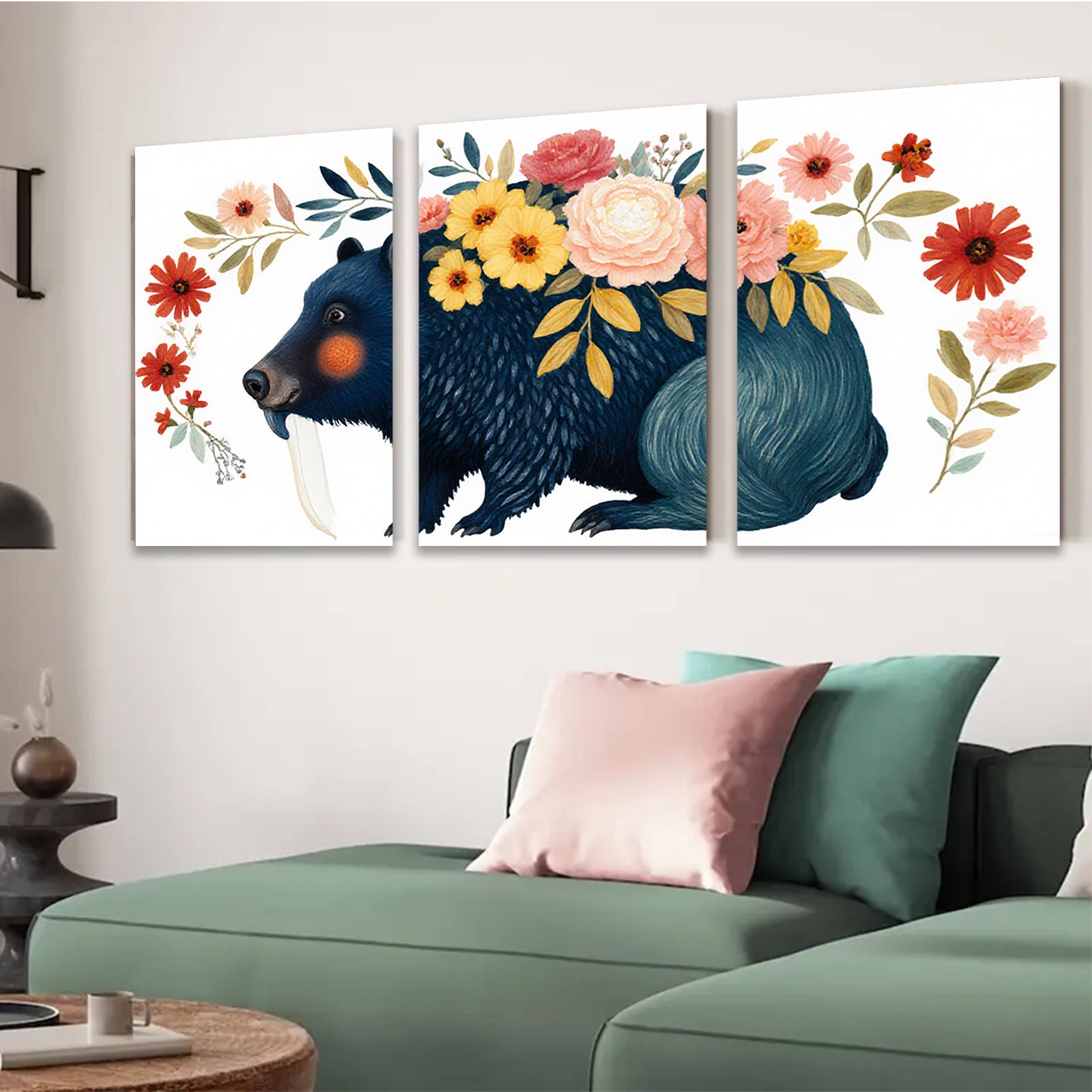 2D flat 1pc Whimsical black bear floral portrait wall art bedroom living room decor farmhouse style cozy vibes modern gallery wrapped canvas