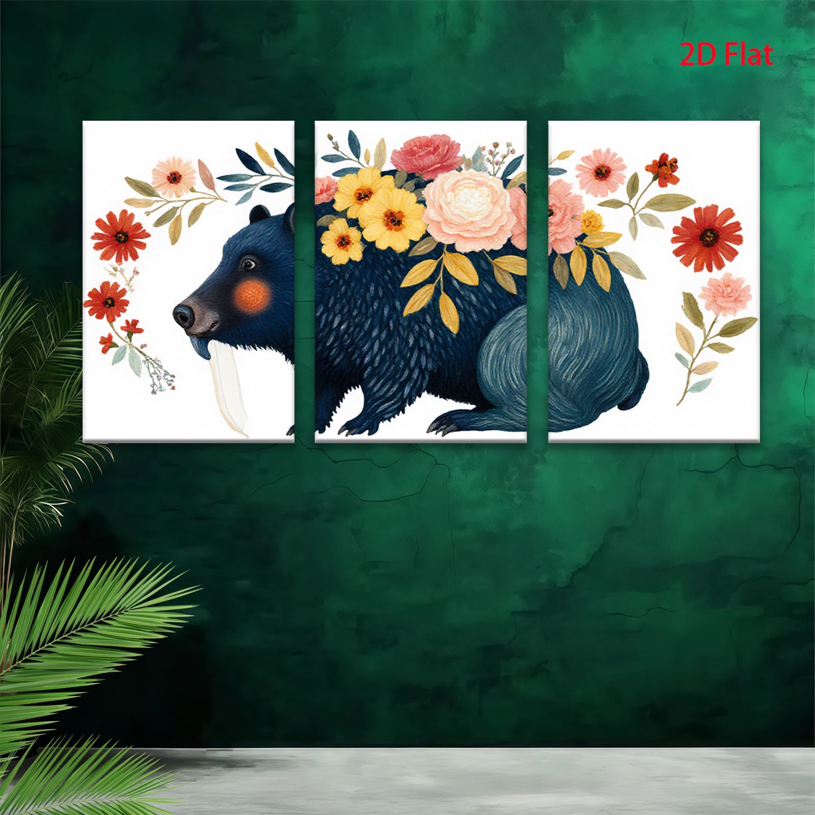 2D flat 1pc Whimsical black bear floral portrait wall art bedroom living room decor farmhouse style cozy vibes modern gallery wrapped canvas