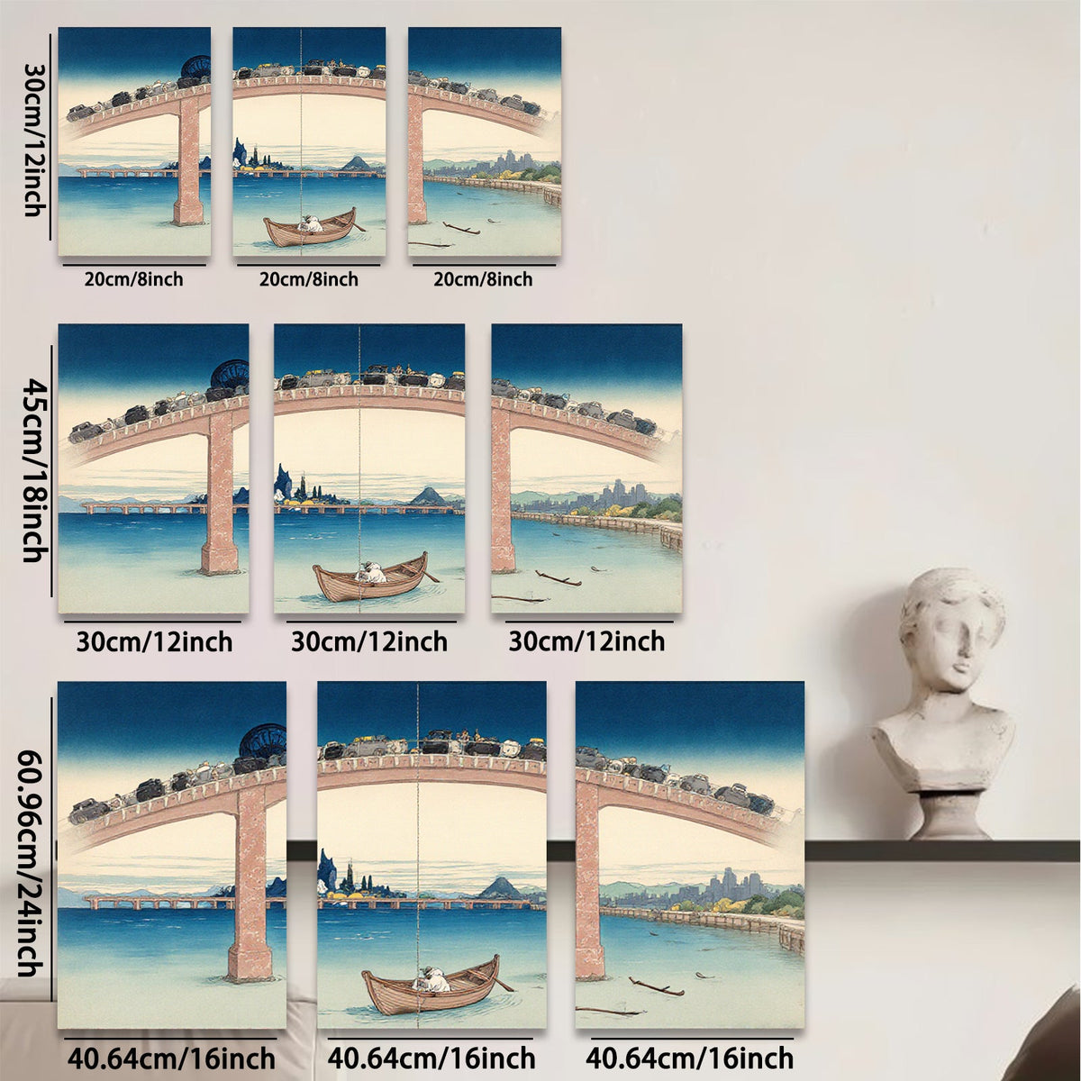 2D flat 1pc Whimsical bridge scene with tiny cars over tranquil water coastal living room decor farmhouse wall art modern minimalist gallery wrapped canvas prints