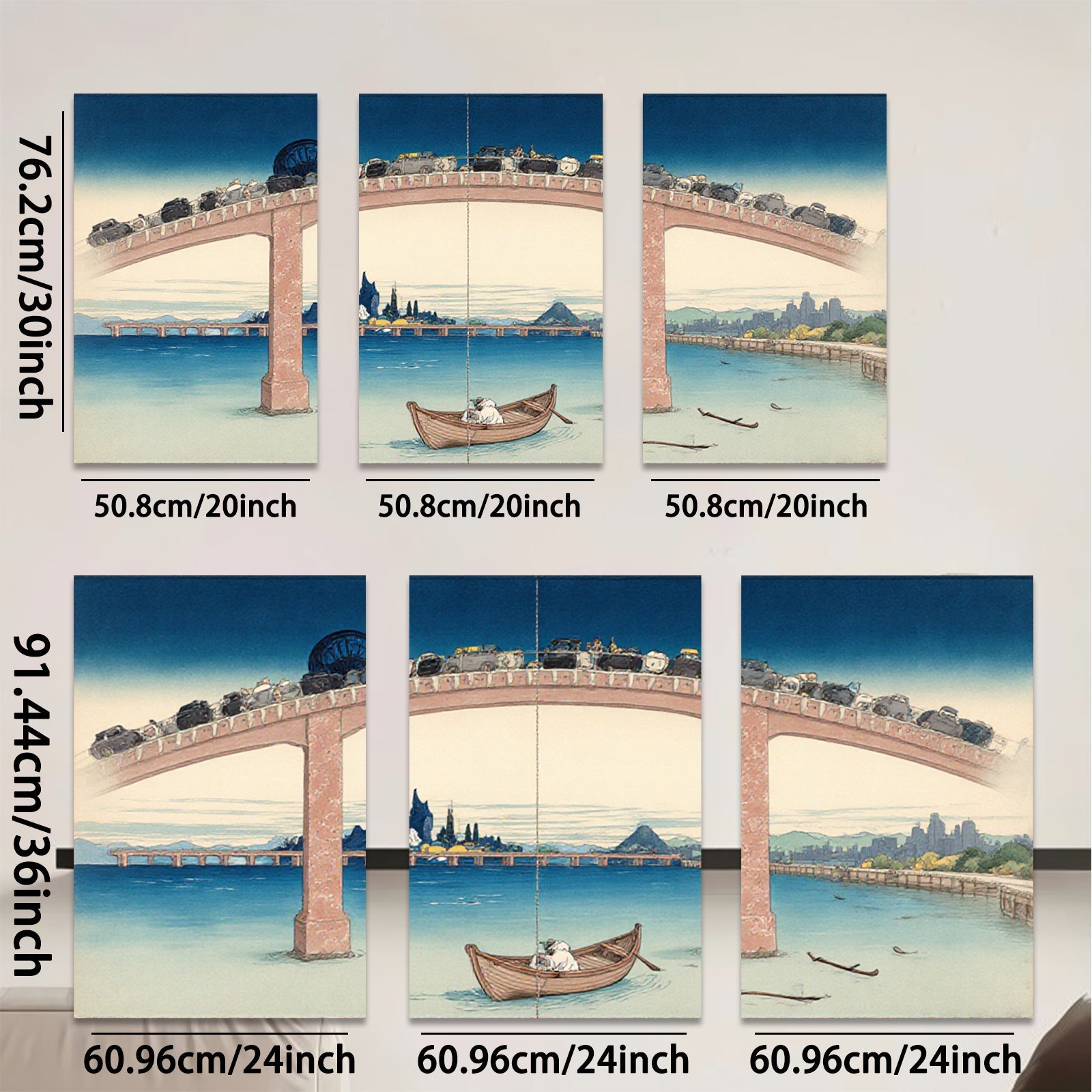 2D flat 1pc Whimsical bridge scene with tiny cars over tranquil water coastal living room decor farmhouse wall art modern minimalist gallery wrapped canvas prints