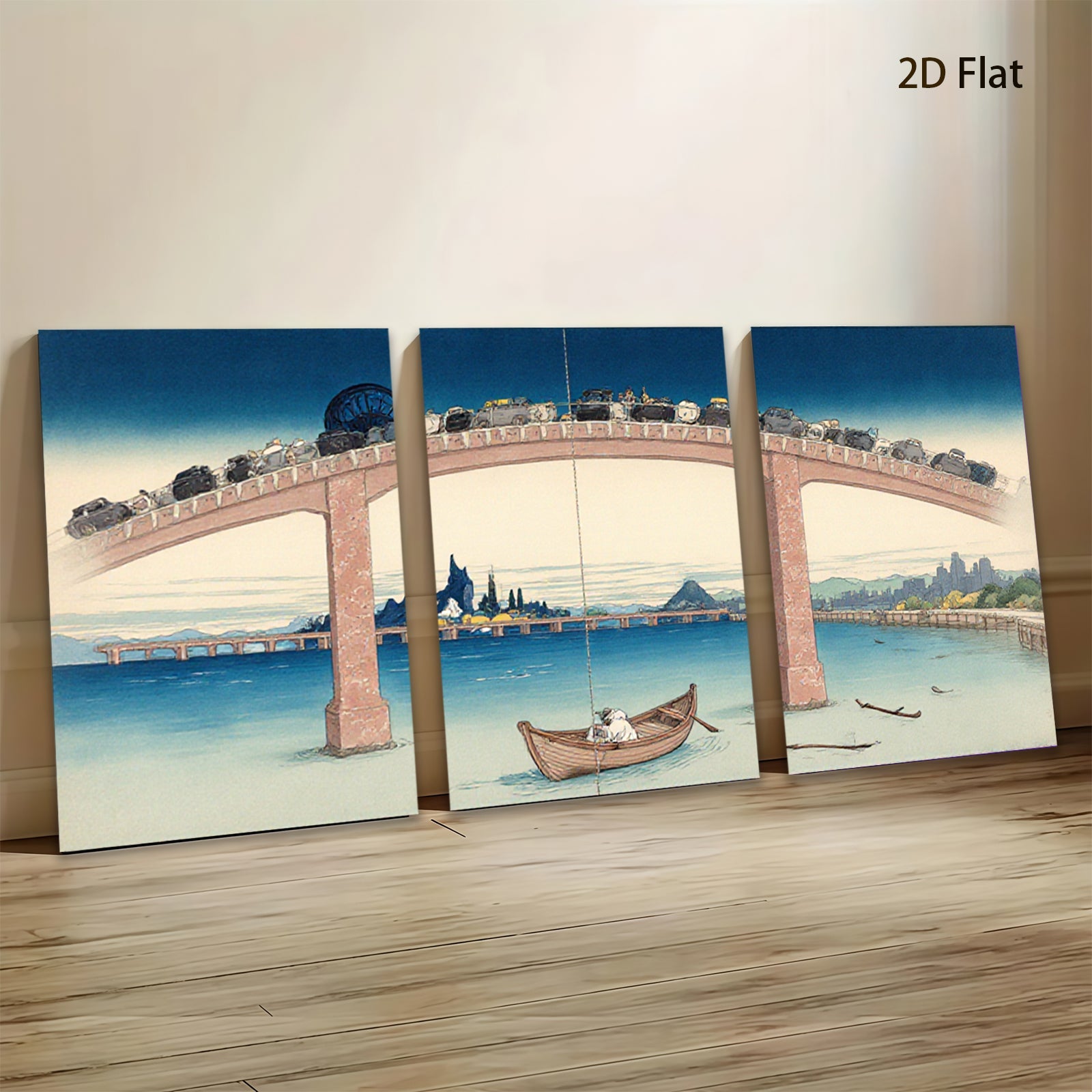 2D flat 1pc Whimsical bridge scene with tiny cars over tranquil water coastal living room decor farmhouse wall art modern minimalist gallery wrapped canvas prints