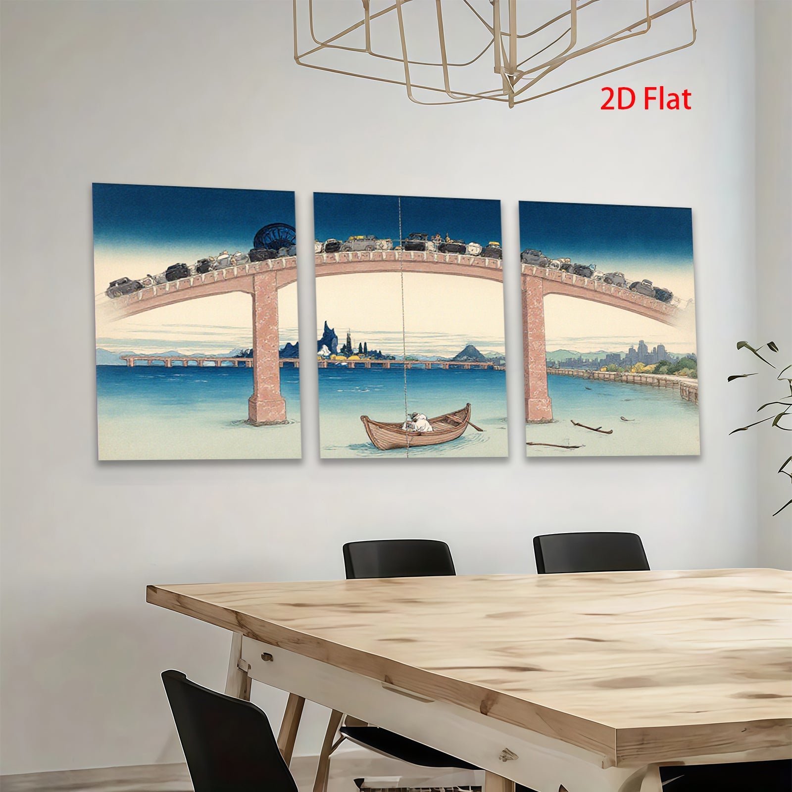 2D flat 1pc Whimsical bridge scene with tiny cars over tranquil water coastal living room decor farmhouse wall art modern minimalist gallery wrapped canvas prints