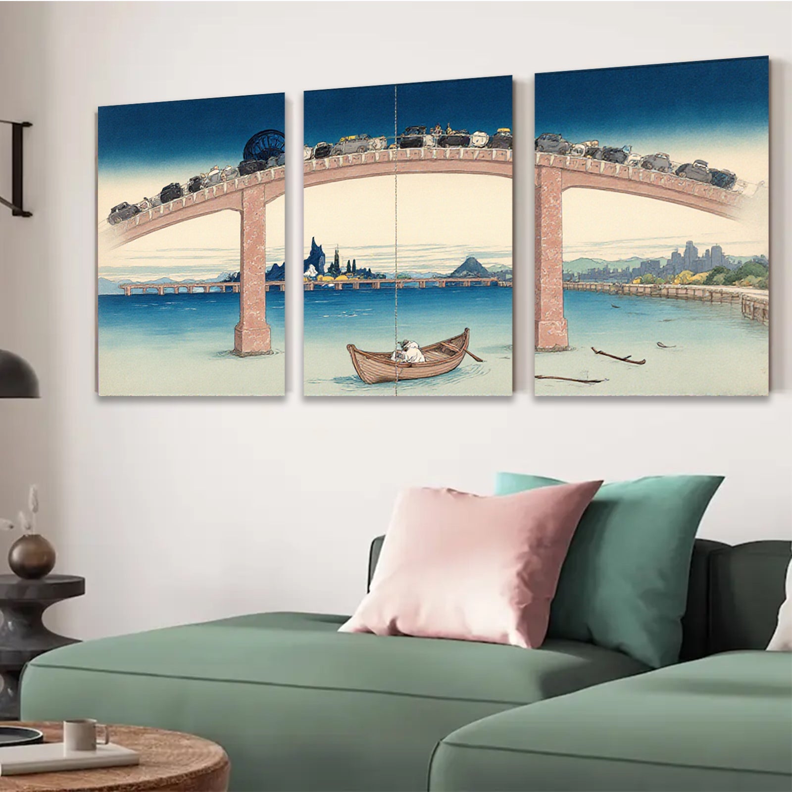 2D flat 1pc Whimsical bridge scene with tiny cars over tranquil water coastal living room decor farmhouse wall art modern minimalist gallery wrapped canvas prints