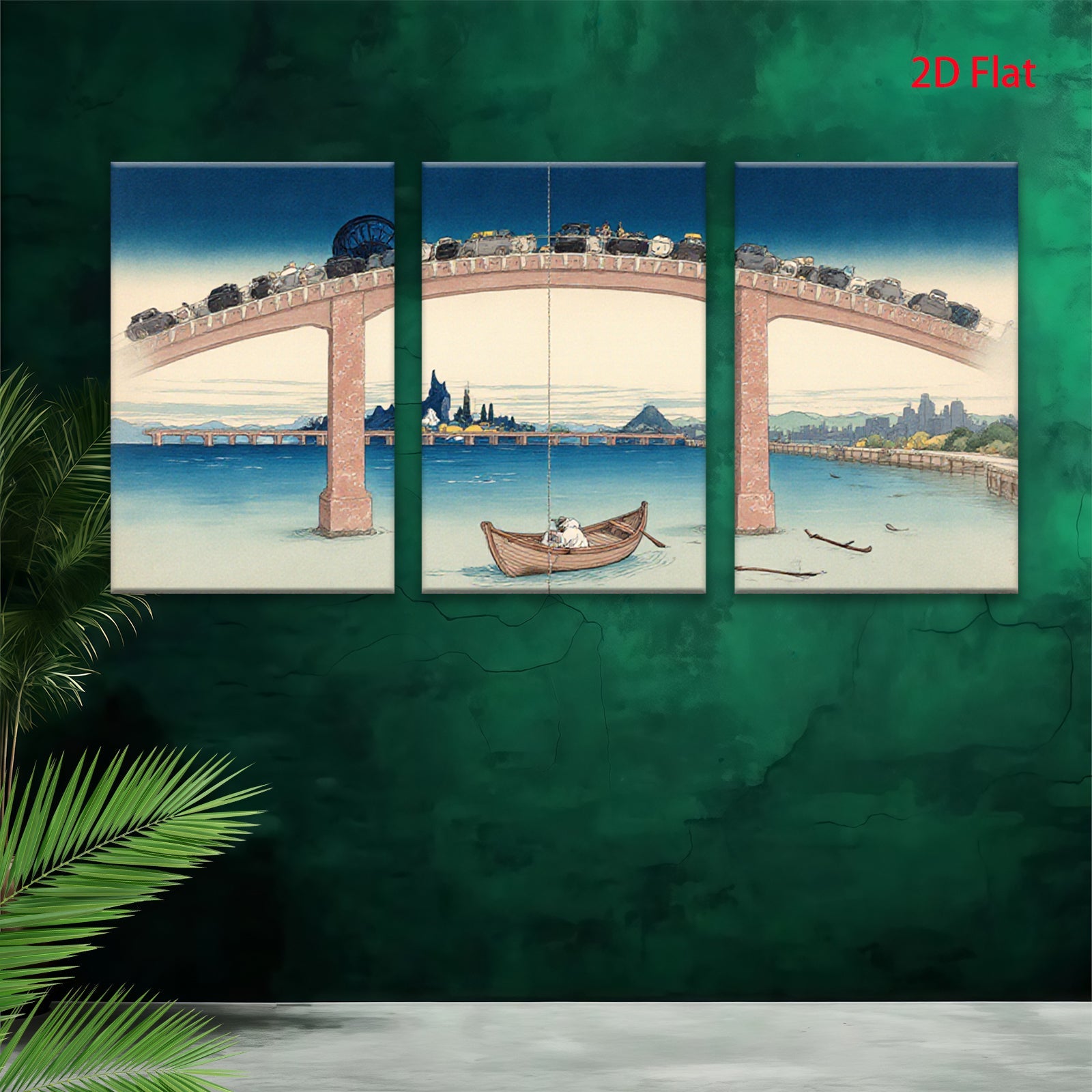 2D flat 1pc Whimsical bridge scene with tiny cars over tranquil water coastal living room decor farmhouse wall art modern minimalist gallery wrapped canvas prints