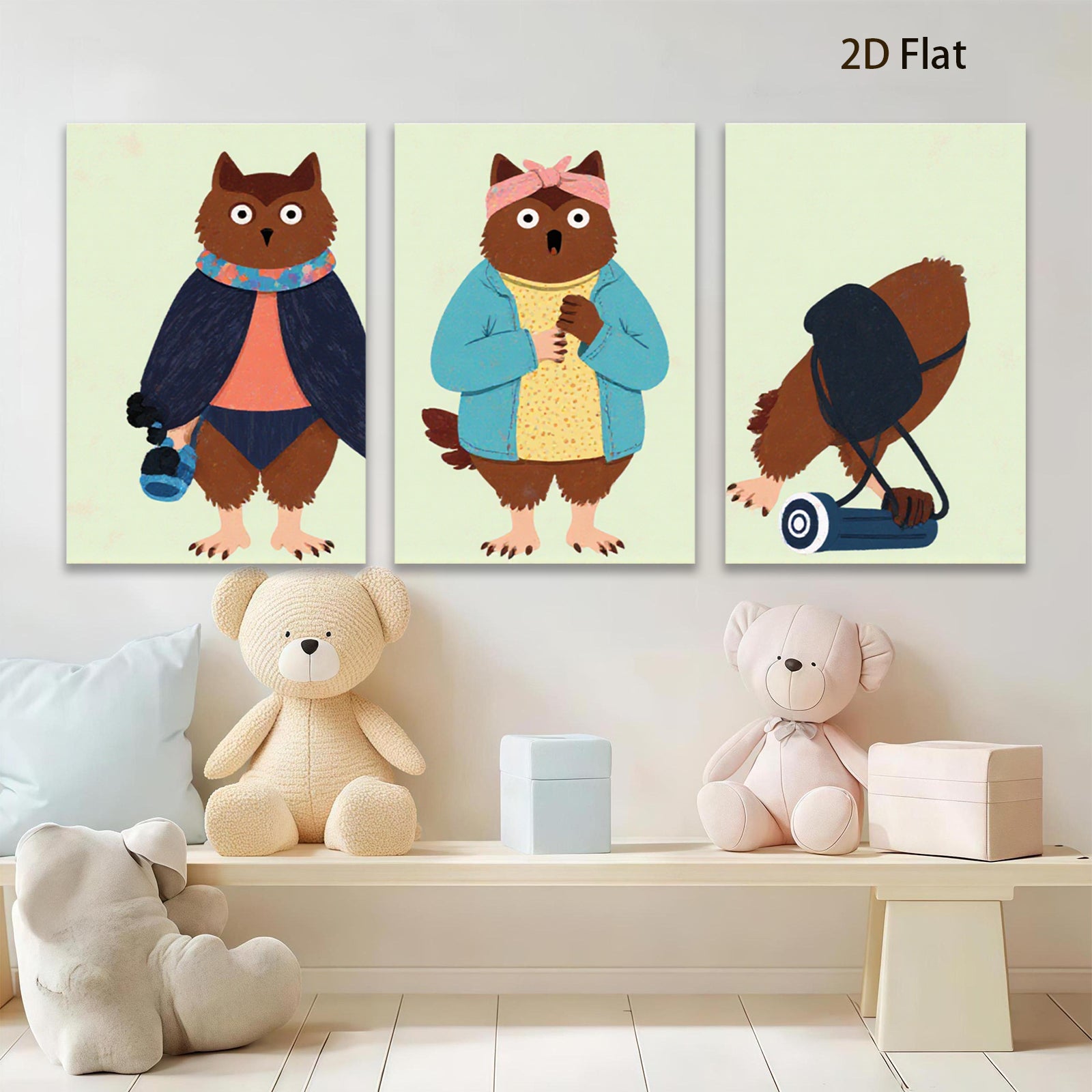 2D flat 1pc Whimsical cartoon animal friends cozy home wall art modern farmhouse decor living room bedroom gallery wrapped canvas prints