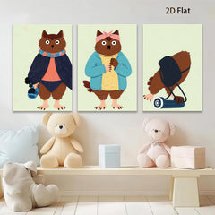 2D flat 1pc Whimsical cartoon animal friends cozy home wall art modern farmhouse decor living room bedroom gallery wrapped canvas prints