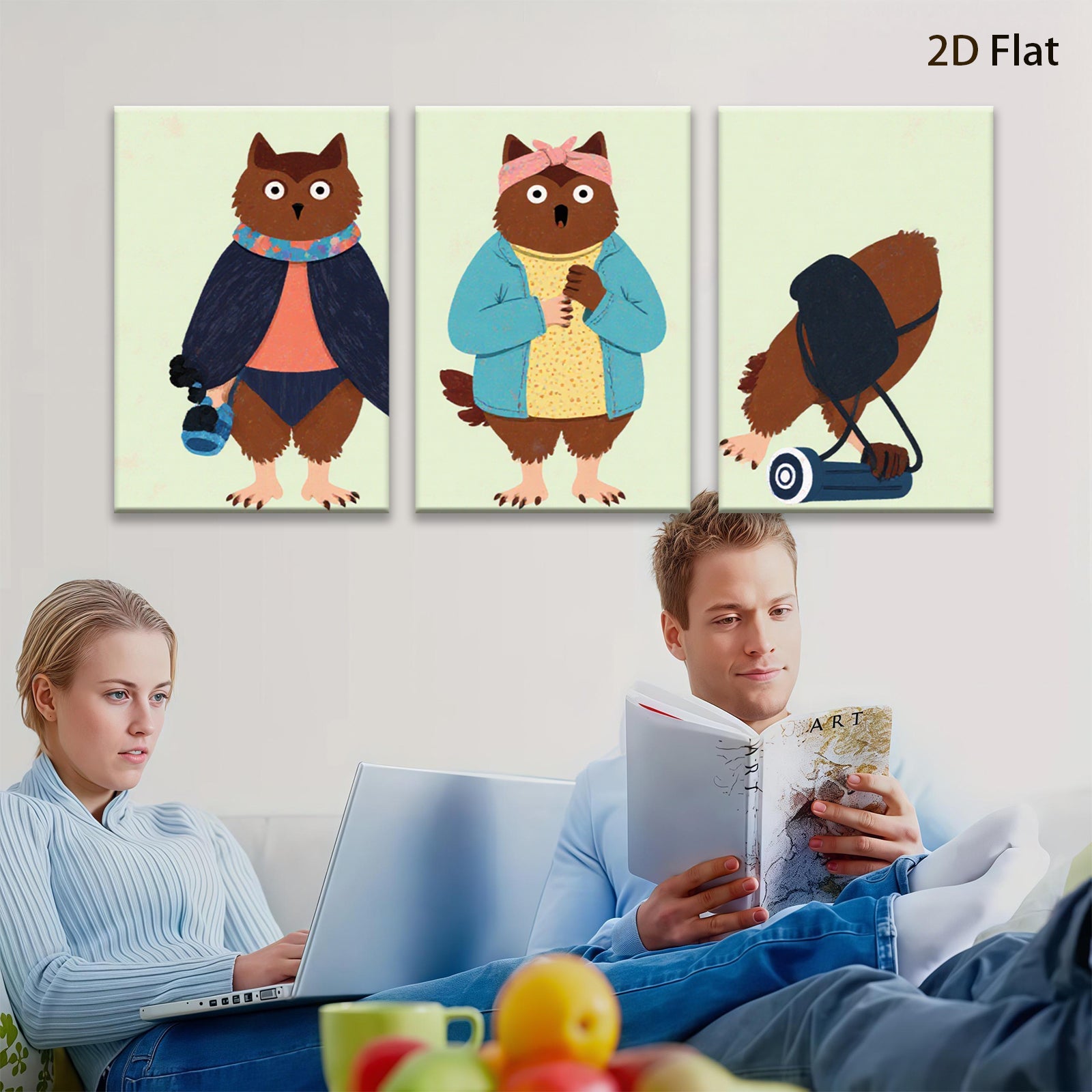 2D flat 1pc Whimsical cartoon animal friends cozy home wall art modern farmhouse decor living room bedroom gallery wrapped canvas prints