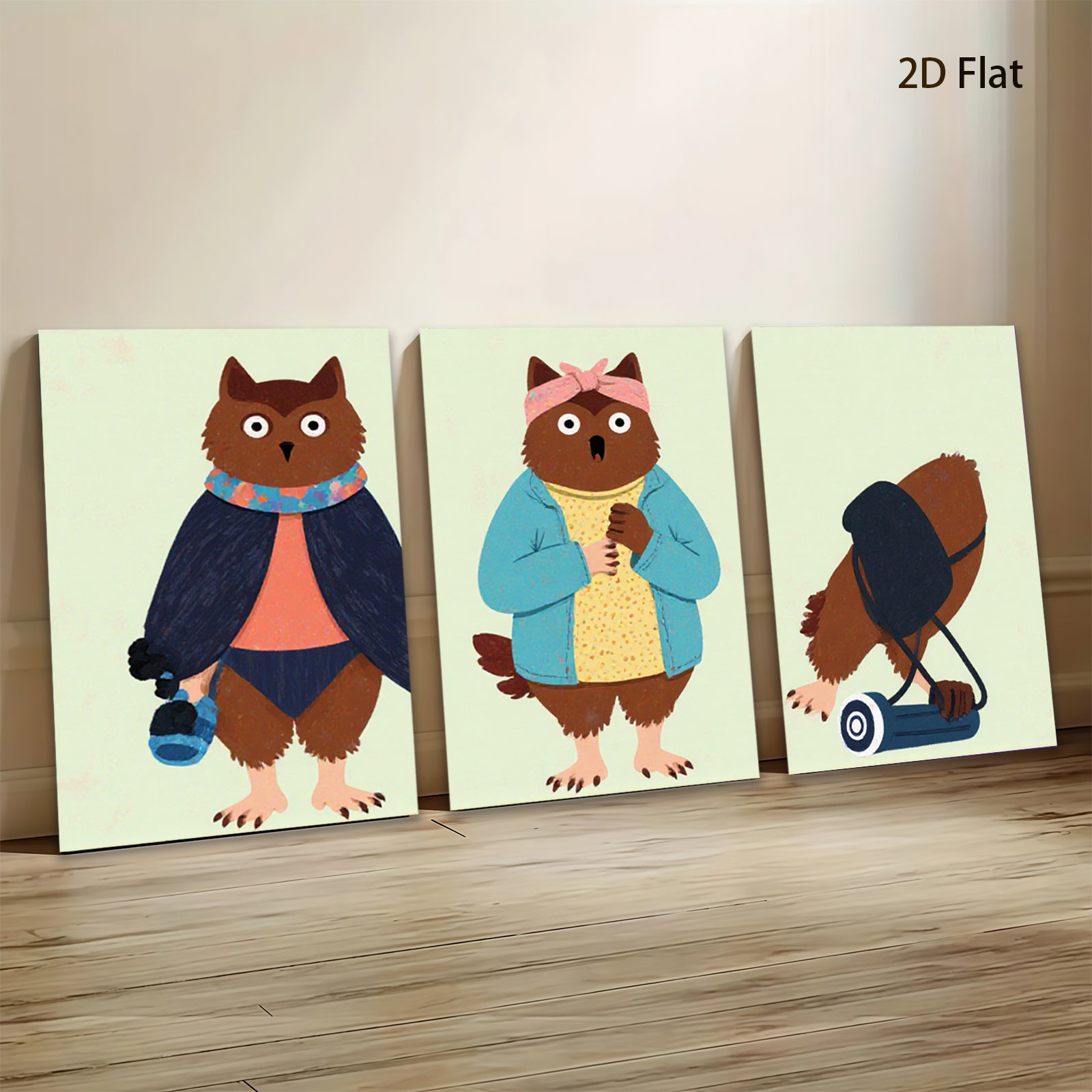 2D flat 1pc Whimsical cartoon animal friends cozy home wall art modern farmhouse decor living room bedroom gallery wrapped canvas prints