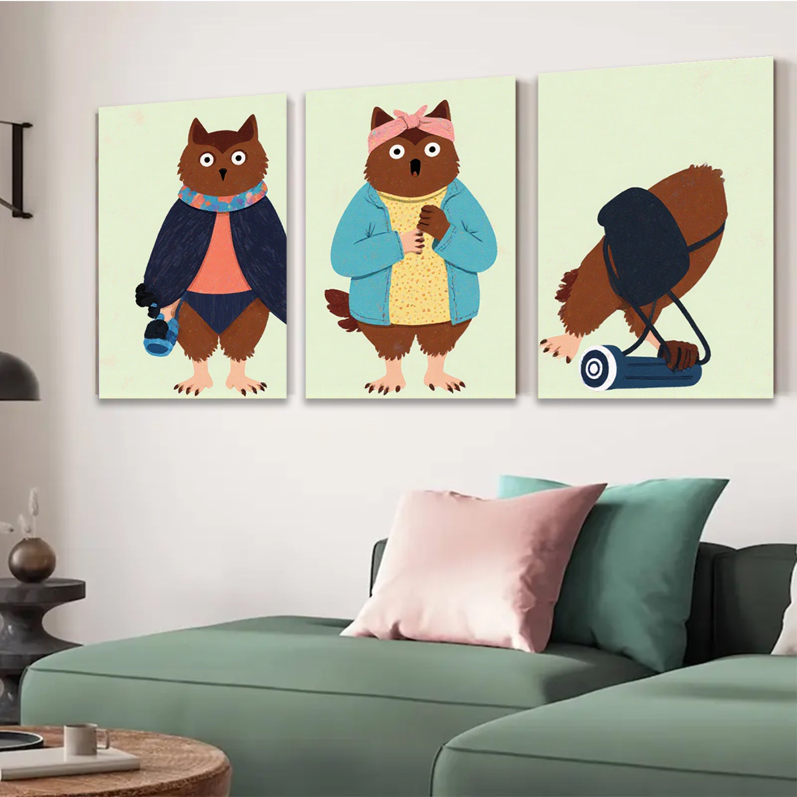 2D flat 1pc Whimsical cartoon animal friends cozy home wall art modern farmhouse decor living room bedroom gallery wrapped canvas prints