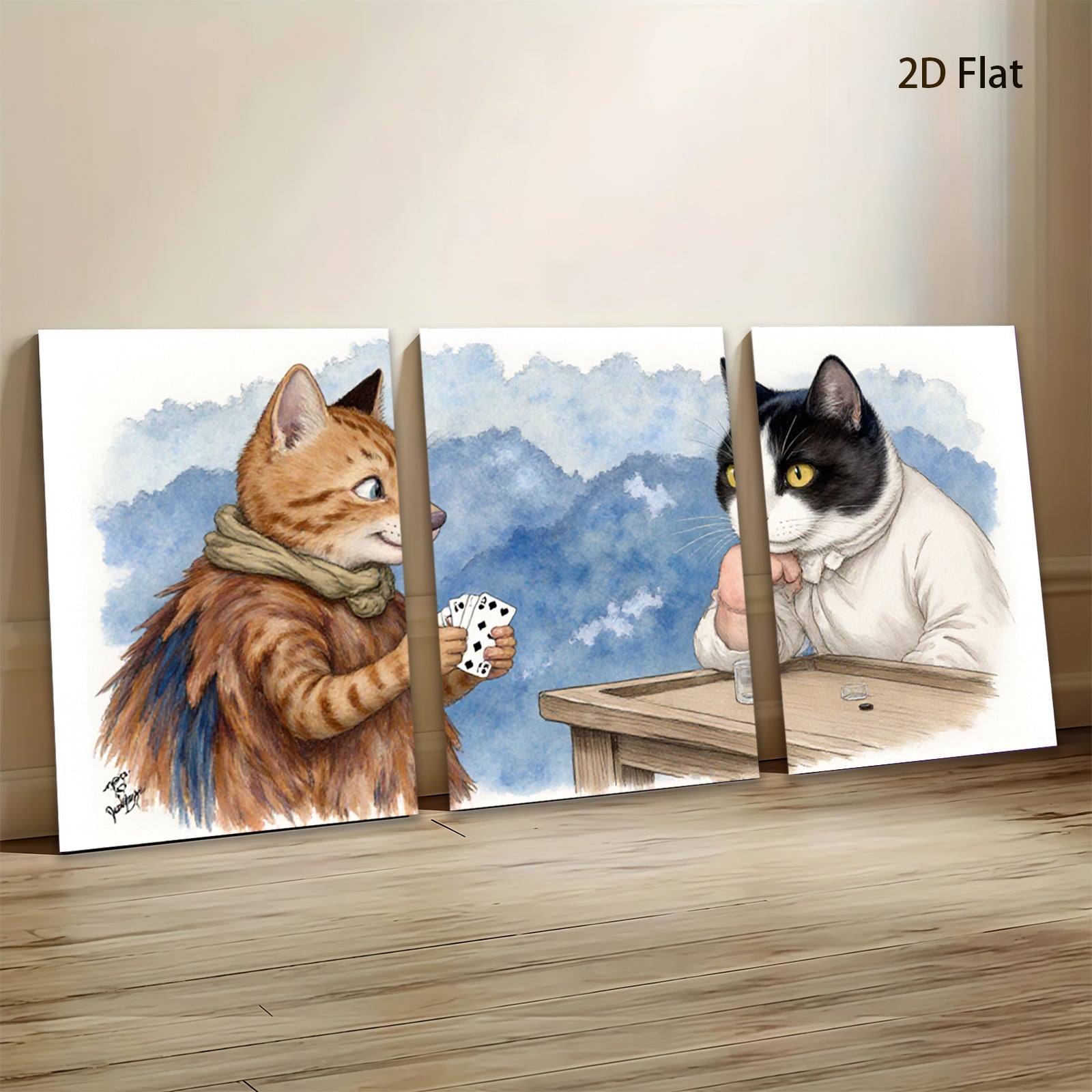2D flat 1pc Whimsical feline poker night charming animal art cozy living room decor gallery wrapped canvas prints farmhouse wall art