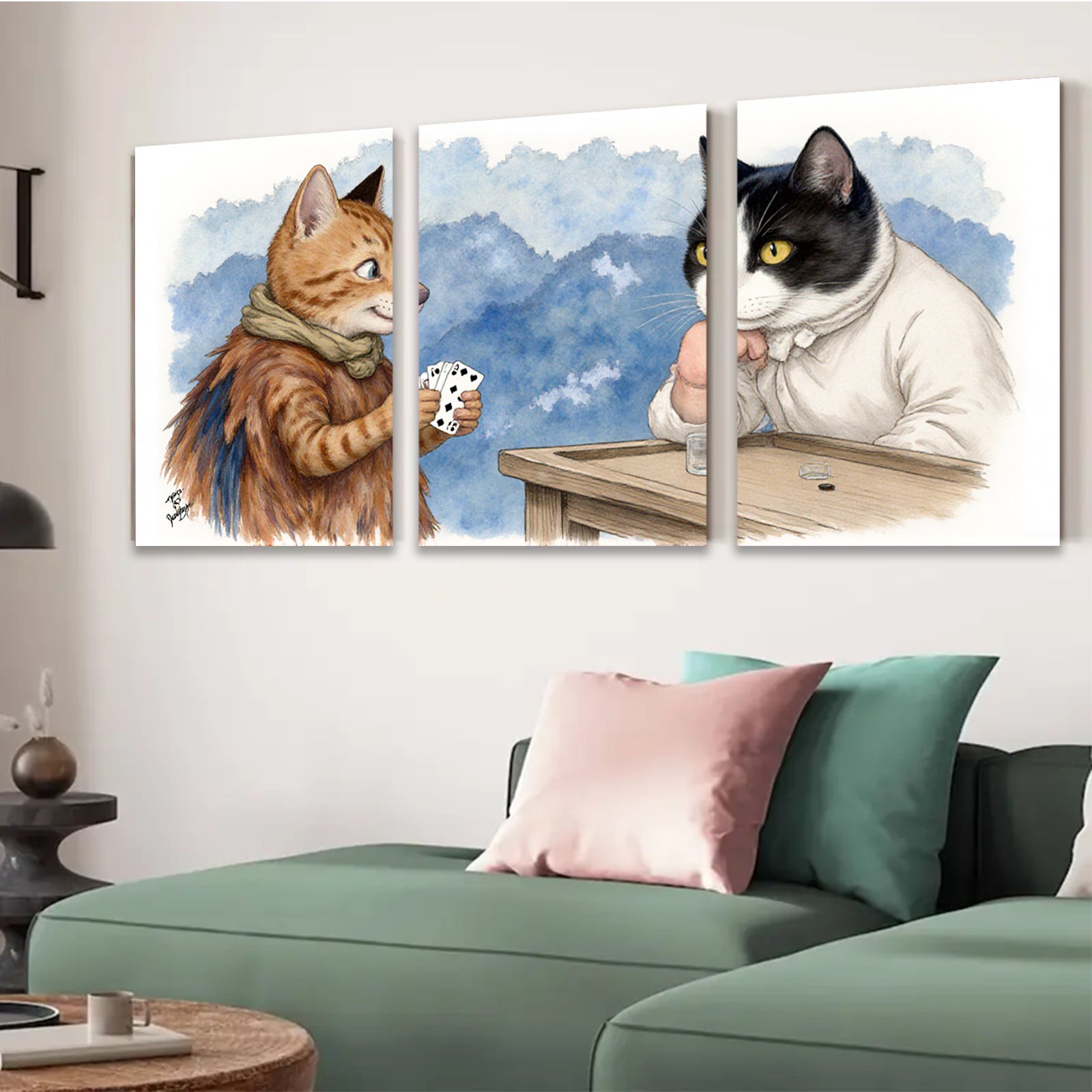 2D flat 1pc Whimsical feline poker night charming animal art cozy living room decor gallery wrapped canvas prints farmhouse wall art