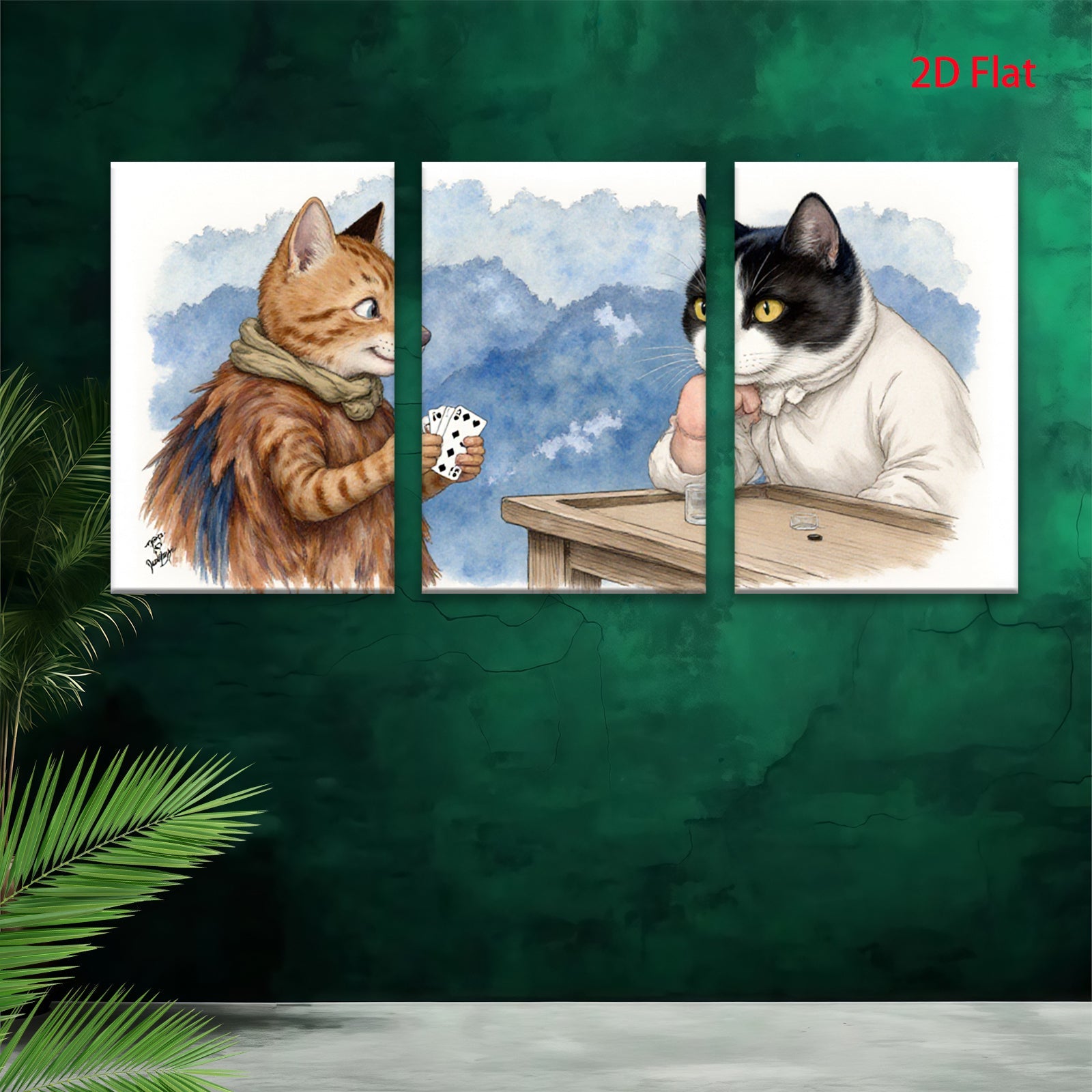 2D flat 1pc Whimsical feline poker night charming animal art cozy living room decor gallery wrapped canvas prints farmhouse wall art