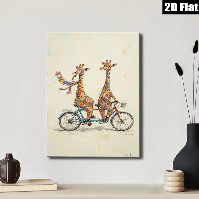 2D flat 1pc Whimsical giraffe duo bicycle ride wall art canvas prints for living room bedroom home decor farmhouse style modern gallery wrapped