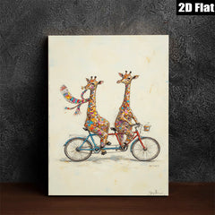 2D flat 1pc Whimsical giraffe duo bicycle ride wall art canvas prints for living room bedroom home decor farmhouse style modern gallery wrapped