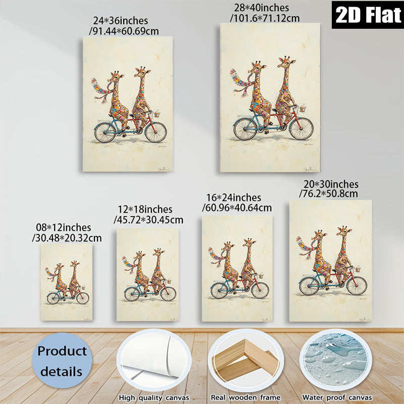 2D flat 1pc Whimsical giraffe duo bicycle ride wall art canvas prints for living room bedroom home decor farmhouse style modern gallery wrapped