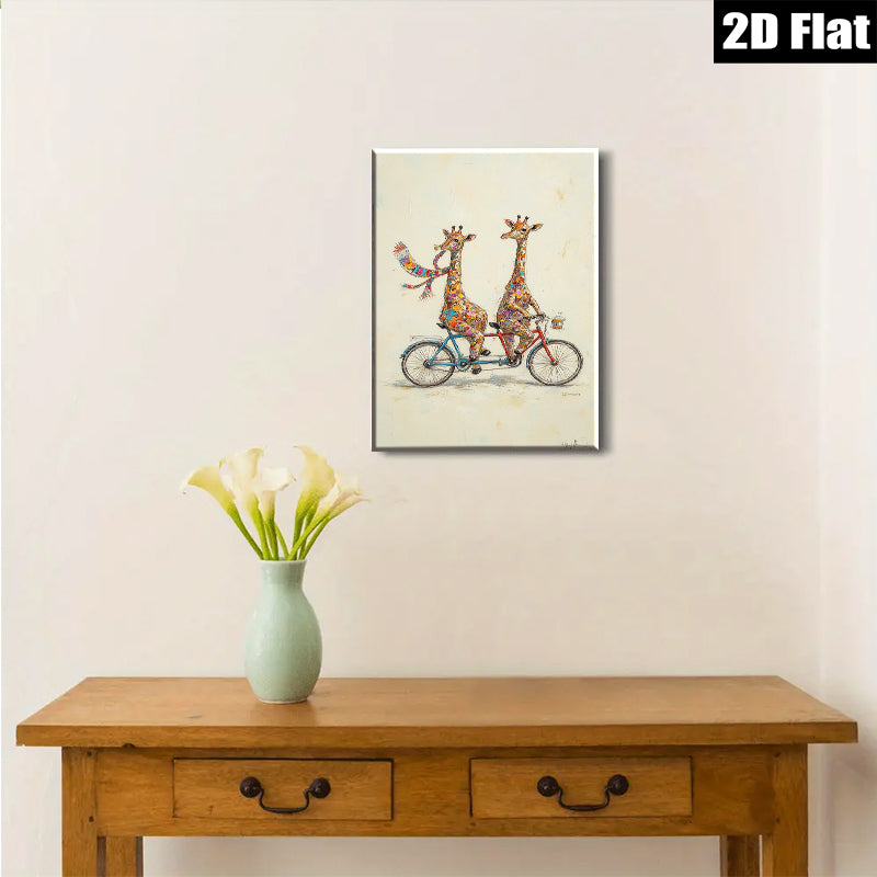 2D flat 1pc Whimsical giraffe duo bicycle ride wall art canvas prints for living room bedroom home decor farmhouse style modern gallery wrapped