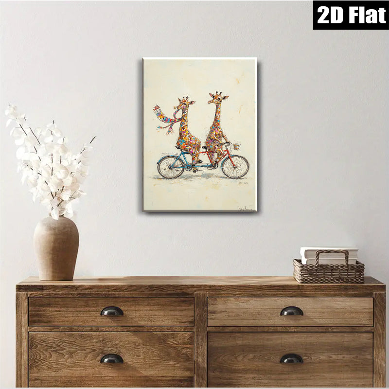 2D flat 1pc Whimsical giraffe duo bicycle ride wall art canvas prints for living room bedroom home decor farmhouse style modern gallery wrapped