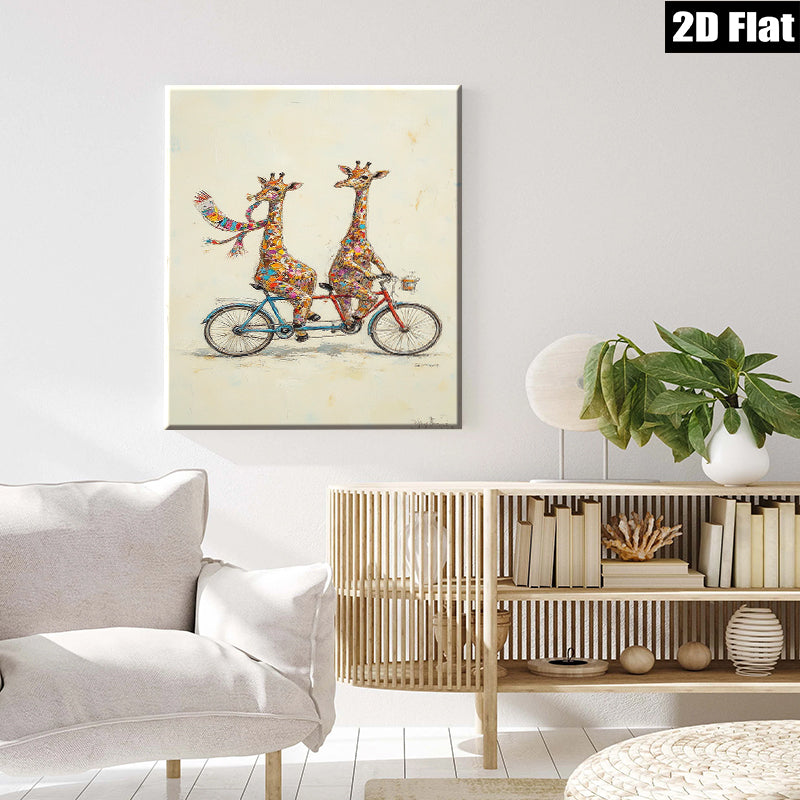 2D flat 1pc Whimsical giraffe duo bicycle ride wall art canvas prints for living room bedroom home decor farmhouse style modern gallery wrapped