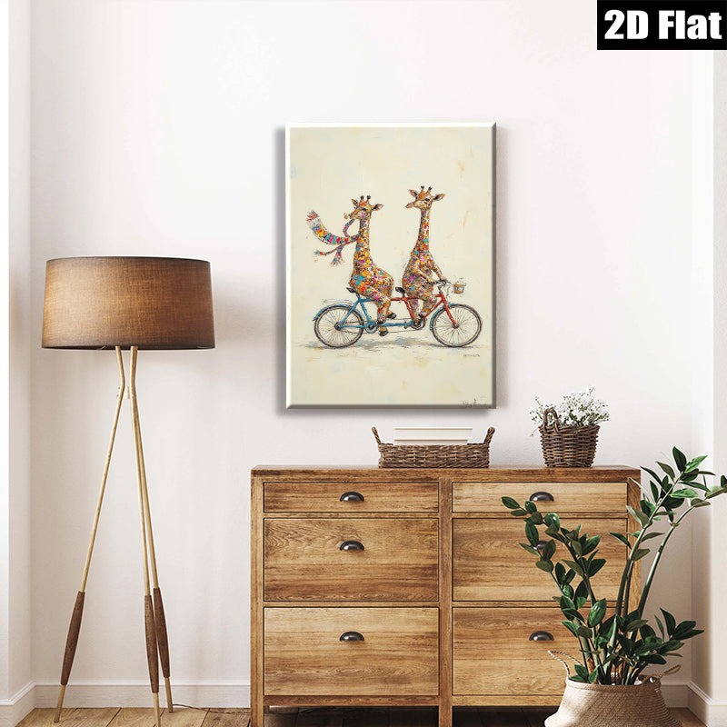 2D flat 1pc Whimsical giraffe duo bicycle ride wall art canvas prints for living room bedroom home decor farmhouse style modern gallery wrapped
