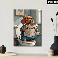 2D flat 1pc Whimsical pup enjoys morning news bathroom wall decor farmhouse style living room art canvas prints cozy home decor gift ideas