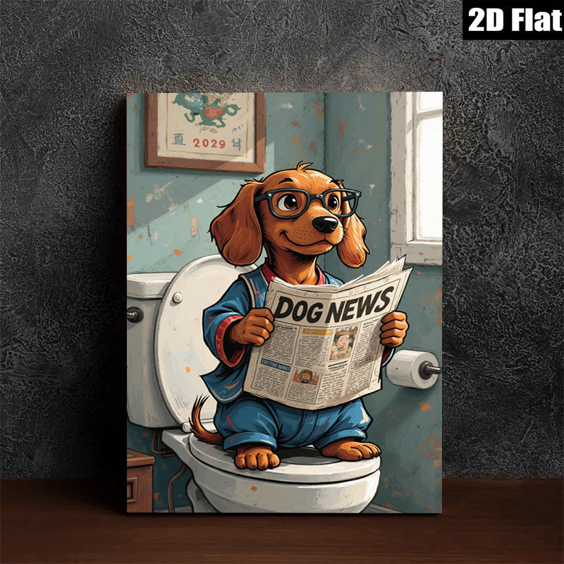 2D flat 1pc Whimsical pup enjoys morning news bathroom wall decor farmhouse style living room art canvas prints cozy home decor gift ideas