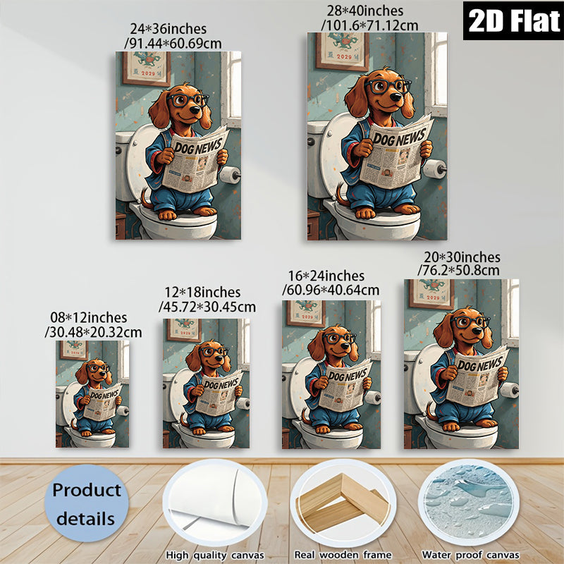 2D flat 1pc Whimsical pup enjoys morning news bathroom wall decor farmhouse style living room art canvas prints cozy home decor gift ideas