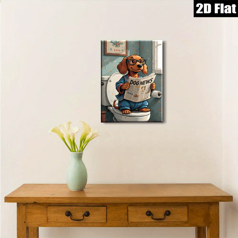 2D flat 1pc Whimsical pup enjoys morning news bathroom wall decor farmhouse style living room art canvas prints cozy home decor gift ideas