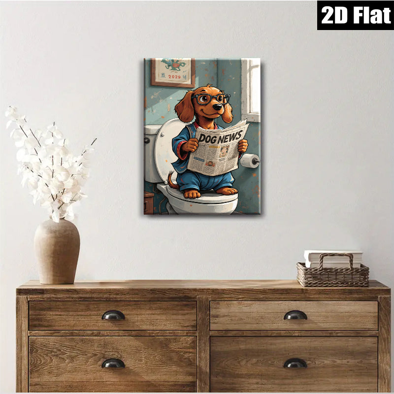 2D flat 1pc Whimsical pup enjoys morning news bathroom wall decor farmhouse style living room art canvas prints cozy home decor gift ideas