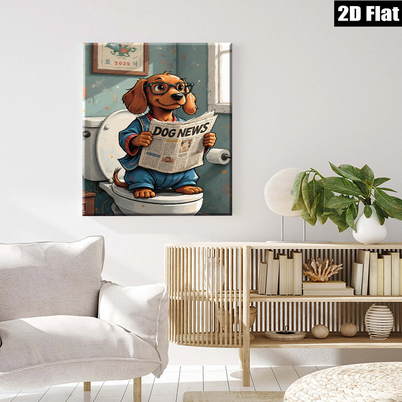 2D flat 1pc Whimsical pup enjoys morning news bathroom wall decor farmhouse style living room art canvas prints cozy home decor gift ideas
