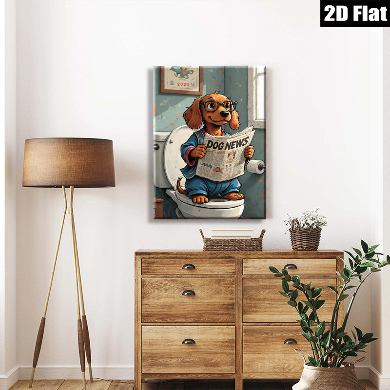 2D flat 1pc Whimsical pup enjoys morning news bathroom wall decor farmhouse style living room art canvas prints cozy home decor gift ideas