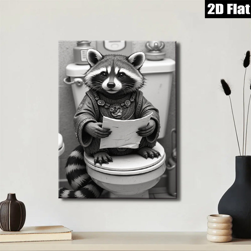 2D flat 1pc Whimsical raccoon reading on toilet humorous bathroom wall art for home decor living room bedroom gallery wrapped canvas prints modern farmhouse style