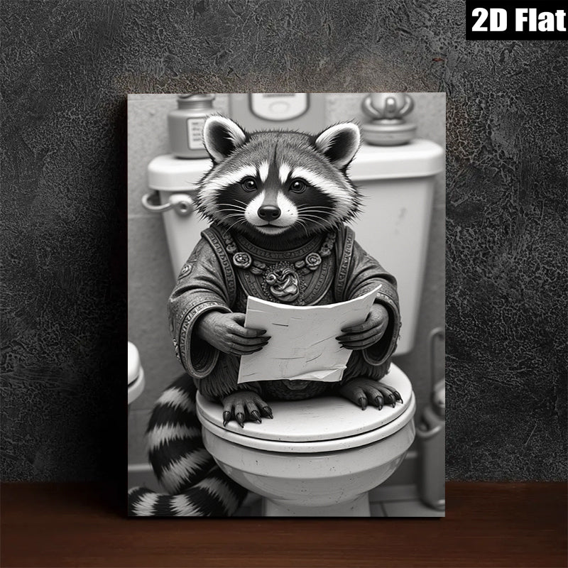 2D flat 1pc Whimsical raccoon reading on toilet humorous bathroom wall art for home decor living room bedroom gallery wrapped canvas prints modern farmhouse style
